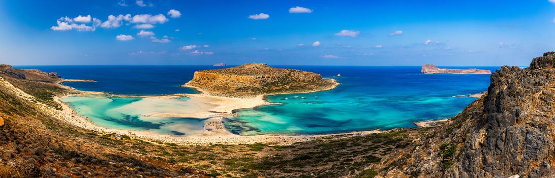 Amazing beach with turquoise water at Balos Lagoon and Gramvousa in Crete, Greece. Cap tigani in the center. Balos beach on Crete island, Greece. Landscape of Balos beach at Crete island in Greece.