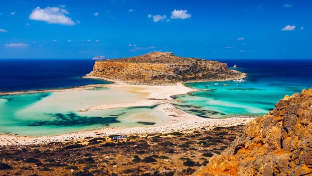 Amazing beach with turquoise water at Balos Lagoon and Gramvousa in Crete, Greece. Cap tigani in the center. Balos beach on Crete island, Greece. Landscape of Balos beach at Crete island in Greece.