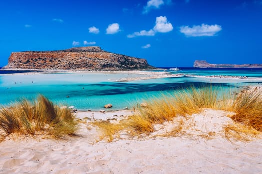 Amazing beach with turquoise water at Balos Lagoon and Gramvousa in Crete, Greece. Cap tigani in the center. Balos beach on Crete island, Greece. Landscape of Balos beach at Crete island in Greece.