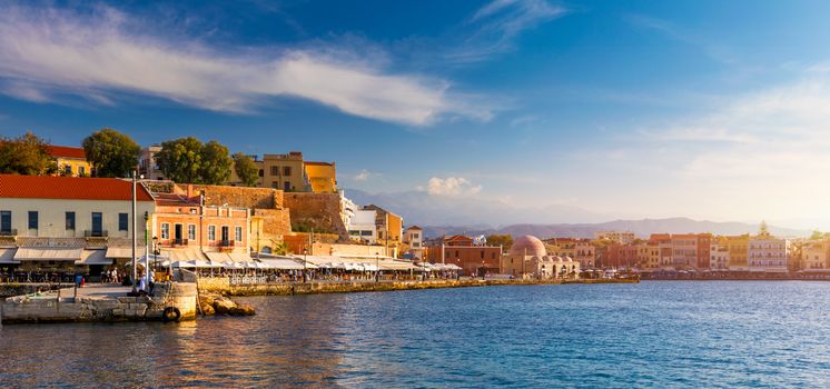 Picturesque old port of Chania. Landmarks of Crete island. Greece. Bay of Chania at sunny summer day, Crete Greece. View of the old port of Chania, Crete, Greece. The port of chania, or Hania. 