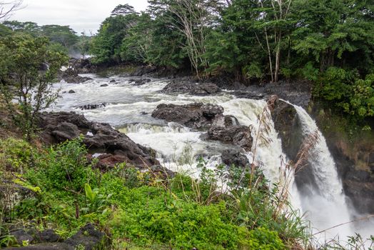 Hilo, Hawaii, USA. - January 14, 2020: Water runs over the edge of  White Rainbow Falls on Wailuku River surrounded by green trees and plants.