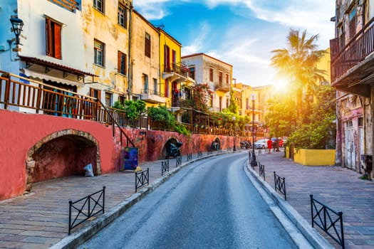 Street in the old town of Chania, Crete, Greece. Charming streets of Greek islands, Crete. Beautiful street in Chania, Crete island, Greece. Summer landscape. Chania old street of Crete island Greece.