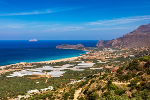 Shot of beautiful turquoise beach Falasarna (Falassarna) in Crete, Greece. View of famous paradise sandy deep turquoise beach of Falasarna (Phalasarna) in North West, Crete island, Greece.