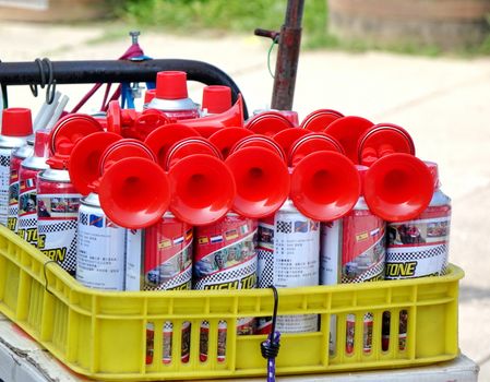 KAOHSIUNG, TAIWAN -- NOVEMBER 11, 2018: A vendor sells air horns for cheering at an election rally.