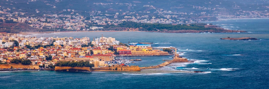 Picturesque old port of Chania. Landmarks of Crete island. Greece. Bay of Chania at sunny summer day, Crete Greece. View of the old port of Chania, Crete, Greece. The port of chania, or Hania. 