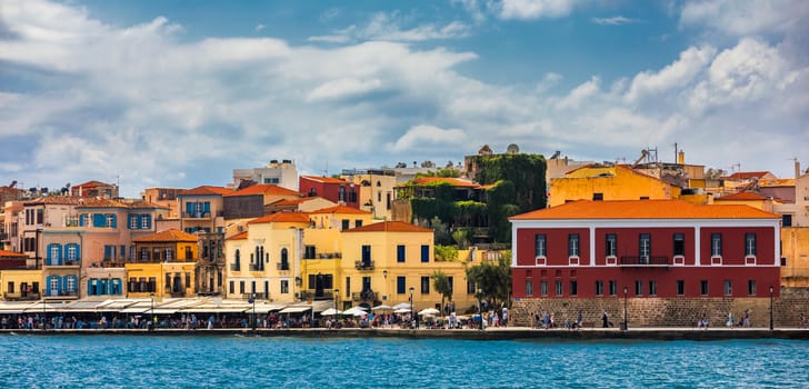 Picturesque old port of Chania. Landmarks of Crete island. Greece. Bay of Chania at sunny summer day, Crete Greece. View of the old port of Chania, Crete, Greece. The port of chania, or Hania. 