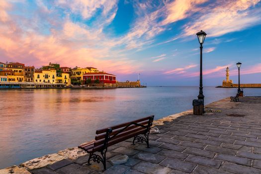 Venetian Harbour of the city of Chania at sunrise with turquoise water, Crete, Greece. View of the old port of Chania on Crete, Greece. Chania, Crete, Greece. View of the old port of Chania on Crete.