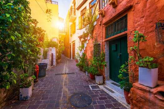 Street in the old town of Chania, Crete, Greece. Charming streets of Greek islands, Crete. Beautiful street in Chania, Crete island, Greece. Summer landscape. Chania old street of Crete island Greece.