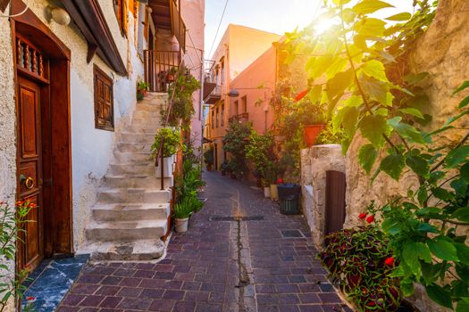 Street in the old town of Chania, Crete, Greece. Charming streets of Greek islands, Crete. Beautiful street in Chania, Crete island, Greece. Summer landscape. Chania old street of Crete island Greece.