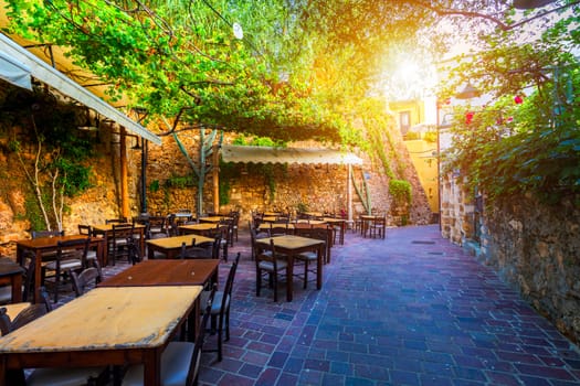 Street in the old town of Chania, Crete, Greece. Charming streets of Greek islands, Crete. Beautiful street in Chania, Crete island, Greece. Summer landscape. Chania old street of Crete island Greece.
