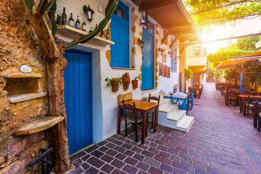 Street in the old town of Chania, Crete, Greece. Charming streets of Greek islands, Crete. Beautiful street in Chania, Crete island, Greece. Summer landscape. Chania old street of Crete island Greece.