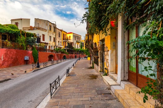 Charming streets of Greek islands, Crete. Street in the old town of Chania, Crete, Greece. Beautiful street in Chania, Crete island, Greece. Summer landscape. Travel and vacation.