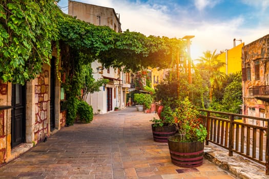 Street in the old town of Chania, Crete, Greece. Charming streets of Greek islands, Crete. Beautiful street in Chania, Crete island, Greece. Summer landscape. Chania old street of Crete island Greece.