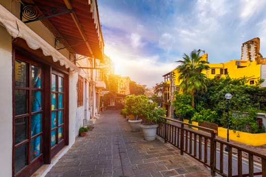 Street in the old town of Chania, Crete, Greece. Charming streets of Greek islands, Crete. Beautiful street in Chania, Crete island, Greece. Summer landscape. Chania old street of Crete island Greece.