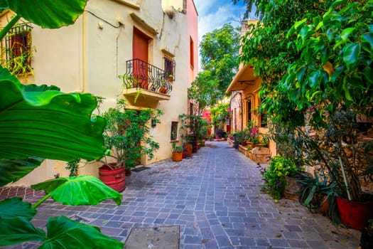 Street in the old town of Chania, Crete, Greece. Charming streets of Greek islands, Crete. Beautiful street in Chania, Crete island, Greece. Summer landscape. Chania old street of Crete island Greece.