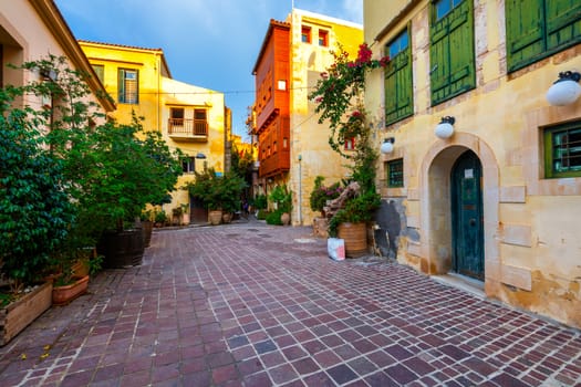 Street in the old town of Chania, Crete, Greece. Charming streets of Greek islands, Crete. Beautiful street in Chania, Crete island, Greece. Summer landscape. Chania old street of Crete island Greece.