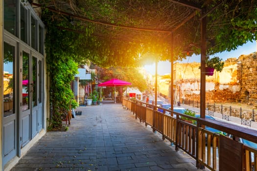 Street in the old town of Chania, Crete, Greece. Charming streets of Greek islands, Crete. Beautiful street in Chania, Crete island, Greece. Summer landscape. Chania old street of Crete island Greece.