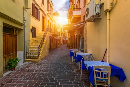 Street in the old town of Chania, Crete, Greece. Charming streets of Greek islands, Crete. Beautiful street in Chania, Crete island, Greece. Summer landscape. Chania old street of Crete island Greece.