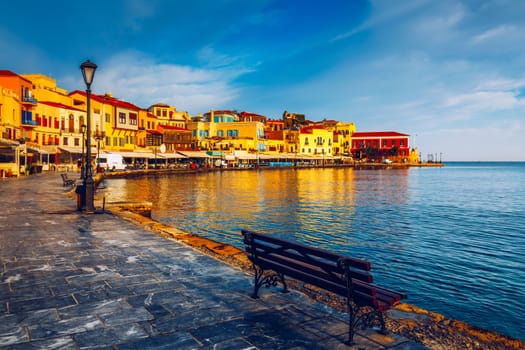 Picturesque old port of Chania. Landmarks of Crete island. Greece. Bay of Chania at sunny summer day, Crete Greece. View of the old port of Chania, Crete, Greece. The port of chania, or Hania. 