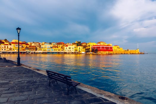 Picturesque old port of Chania. Landmarks of Crete island. Greece. Bay of Chania at sunny summer day, Crete Greece. View of the old port of Chania, Crete, Greece. The port of chania, or Hania. 