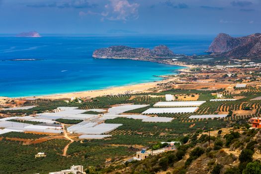 Shot of beautiful turquoise beach Falasarna (Falassarna) in Crete, Greece. View of famous paradise sandy deep turquoise beach of Falasarna (Phalasarna) in North West, Crete island, Greece.