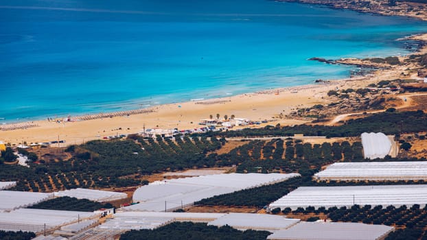 Shot of beautiful turquoise beach Falasarna (Falassarna) in Crete, Greece. View of famous paradise sandy deep turquoise beach of Falasarna (Phalasarna) in North West, Crete island, Greece.