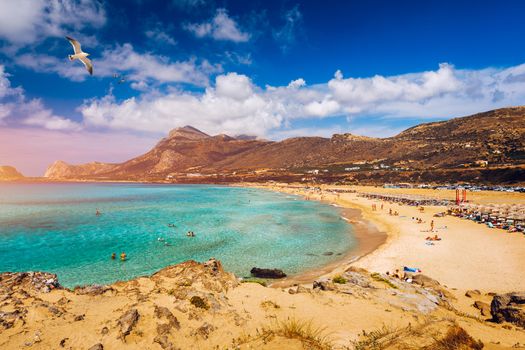 Panorama of turquoise beach Falasarna (Falassarna) in Crete with seagulls flying over, Greece. View of famous paradise sandy deep turquoise beach of Falasarna (Phalasarna), Crete island, Greece.