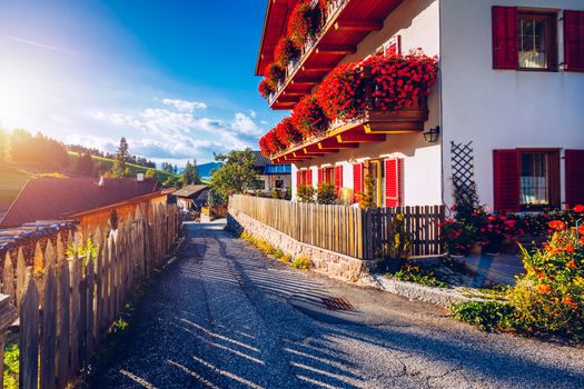 Street view of Santa Maddalena (Santa Magdalena) village, Val di Funes valley, Trentino Alto Adige region, South Tyrol, Italy, Europe. Santa Maddalena Village, Italy. 