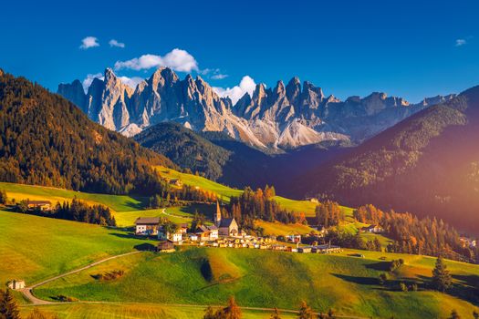 Santa Maddalena (Santa Magdalena) village with magical Dolomites mountains in autumn, Val di Funes valley, Trentino Alto Adige region, South Tyrol, Italy, Europe. Santa Maddalena Village, Italy. 