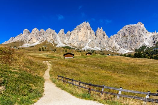 Panoramic view of Dolomite peaks of Pizes da Cir, Passo Gardena at Autumn, South Tyrol, Italy. Gardena Pass, Trentino Alto Adige, Italy. Passo Gardena, alpine pass between Val Badia and Val Gardena.