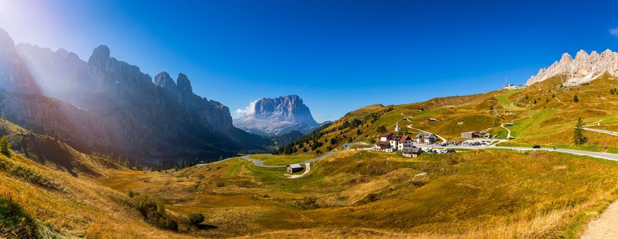 Gardena Pass, Trentino Alto Adige, Italy. Gardena Pass with Sassolungo mountain on the background. Passo Gardena, alpine pass between Val Badia and Val Gardena, South Tyrol, Italy.