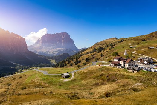 Autumn landscape in Passo Gardena, South Tyrol, Dolomites, Italy. Mountain landscape of the picturesque Dolomites at Passo Gardena area in South Tyrol in Italy. 