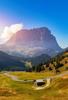 Gardena Pass, Trentino Alto Adige, Italy. Gardena Pass with Sassolungo mountain on the background. Passo Gardena, alpine pass between Val Badia and Val Gardena, South Tyrol, Italy.