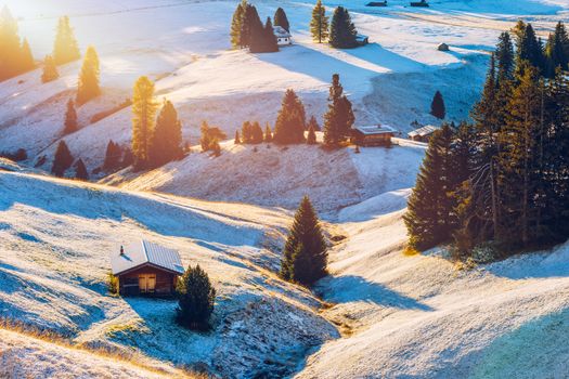 Alpe di Siusi or Seiser Alm with Sassolungo, Langkofel mountain group in background. Alpe di Siusi or Seiser Alm, Sassolungo and Sassopiatto mountains, Trentino Alto Adige, Sud Tyrol, Italy, Europe.