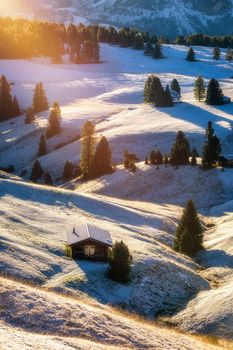 Alpe di Siusi or Seiser Alm with Sassolungo, Langkofel mountain group in background. Alpe di Siusi or Seiser Alm, Sassolungo and Sassopiatto mountains, Trentino Alto Adige, Sud Tyrol, Italy, Europe.