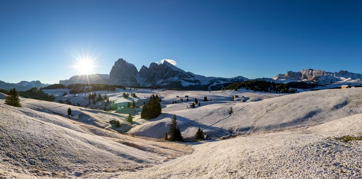 Alpe di Siusi or Seiser Alm with Sassolungo, Langkofel mountain group in background. Alpe di Siusi or Seiser Alm, Sassolungo and Sassopiatto mountains, Trentino Alto Adige, Sud Tyrol, Italy, Europe.