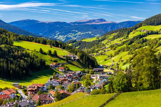 Santa Maddalena (Santa Magdalena) village with magical Dolomites mountains in background, Val di Funes valley, Trentino Alto Adige region, South Tyrol, Italy, Europe. Santa Maddalena Village, Italy. 