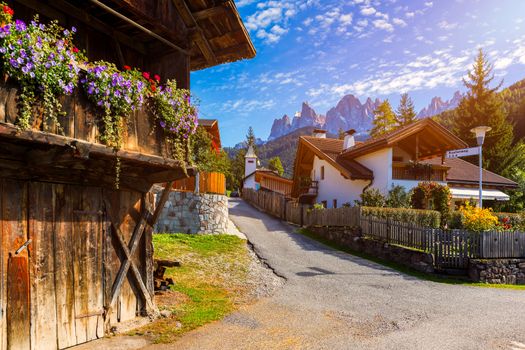 Street view of Santa Maddalena (Santa Magdalena) village, Val di Funes valley, Trentino Alto Adige region, South Tyrol, Italy, Europe. Santa Maddalena Village, Italy. 