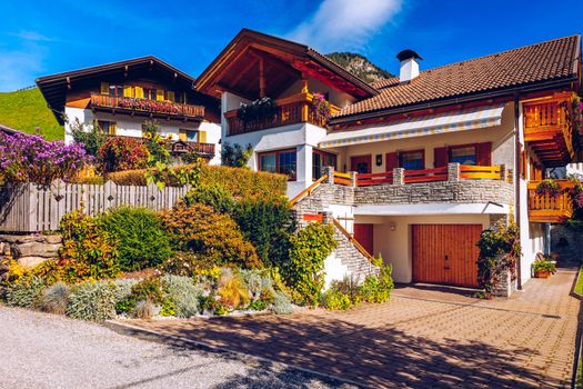 Street view of Santa Maddalena (Santa Magdalena) village, Val di Funes valley, Trentino Alto Adige region, South Tyrol, Italy, Europe. Santa Maddalena Village, Italy. 