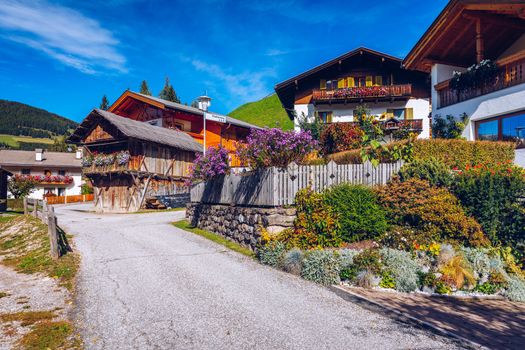 Street view of Santa Maddalena (Santa Magdalena) village, Val di Funes valley, Trentino Alto Adige region, South Tyrol, Italy, Europe. Santa Maddalena Village, Italy. 