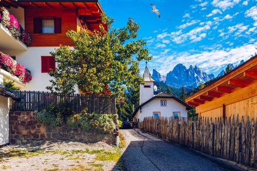 Street view of Santa Maddalena (Santa Magdalena) village, Val di Funes valley, Trentino Alto Adige region, South Tyrol, Italy, Europe. Santa Maddalena Village, Italy. 
