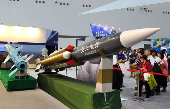 KAOHSIUNG, TAIWAN -- SEPTEMBER 29, 2018: A locally produced supersonic anti-ship missile is on display at the Kaohsiung International Maritime & Defence Expo.
