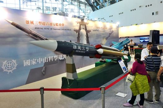 KAOHSIUNG, TAIWAN -- SEPTEMBER 29, 2018: A locally produced supersonic anti-ship missile is on display at the Kaohsiung International Maritime & Defence Expo.