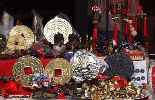 KAOHSIUNG, TAIWAN -- OCTOBER 13, 2013: A store sells imitations of Chinese antiques and lucky charms on a street near the Lotus Lake in Kaohsiung.