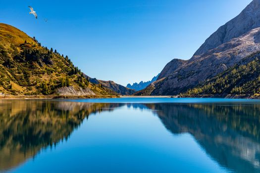 Lago Fedaia (Fedaia Lake), Fassa Valley, Trentino Alto Adige, an artificial lake and a dam near Canazei city, located at the foot of Marmolada massif. Fedaia Lake is the Province of Belluno, Italy.