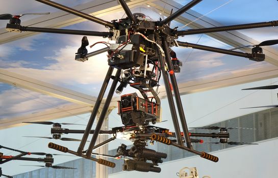 KAOHSIUNG, TAIWAN -- SEPTEMBER 29, 2018: Drones eqipped with electronics and weapons are on display at the Kaohsiung International Maritime & Defence Expo
