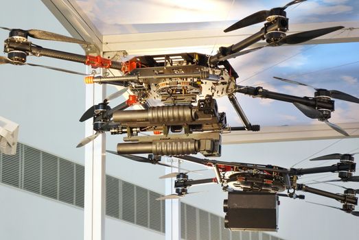 KAOHSIUNG, TAIWAN -- SEPTEMBER 29, 2018: Drones eqipped with electronics and weapons are on display at the Kaohsiung International Maritime & Defence Expo