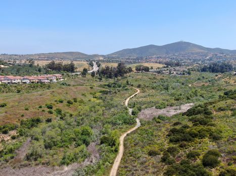 Aerial view of upper middle class neighborhood with residential houses in green valley, South California, USA.