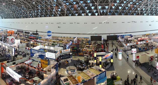 KAOHSIUNG, TAIWAN -- APRIL 18, 2015: A panorama view of the Kaohsiung Industrial Automation Exhibition 2015 that took place in the Kaohsiung Exhibition Center.