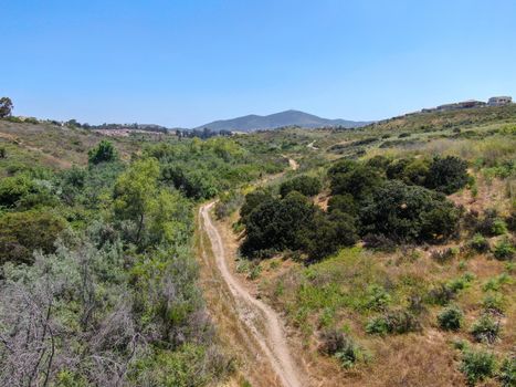 Aerial view of small dusty trail in green valley, San Diego, California, USA